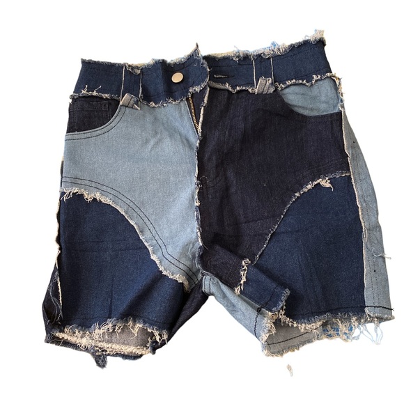 High Waist patchwork Denim Shorts - Picture 1 of 3